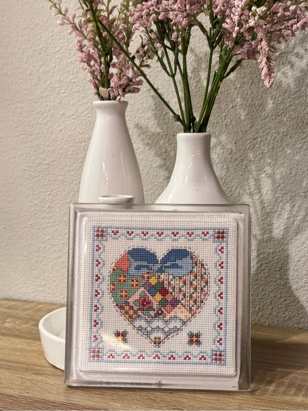 Vintage Cross Stitch Needlepoint Love Heart Country Acrylic Trivet Framed Cork